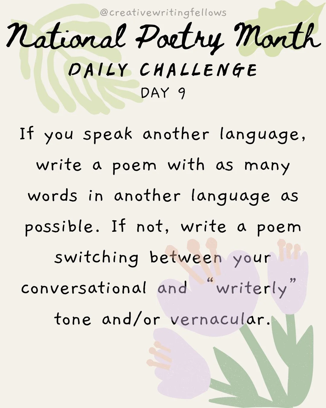 Late-night #NationalPoetryMonthChallenge prompt💫🌜💌💐 Day 9: 

If you speak another language, write a poem with as many words in another language as possible. If not, write a poem switching between your conversational and &ldquo;writerly&rdquo; ton