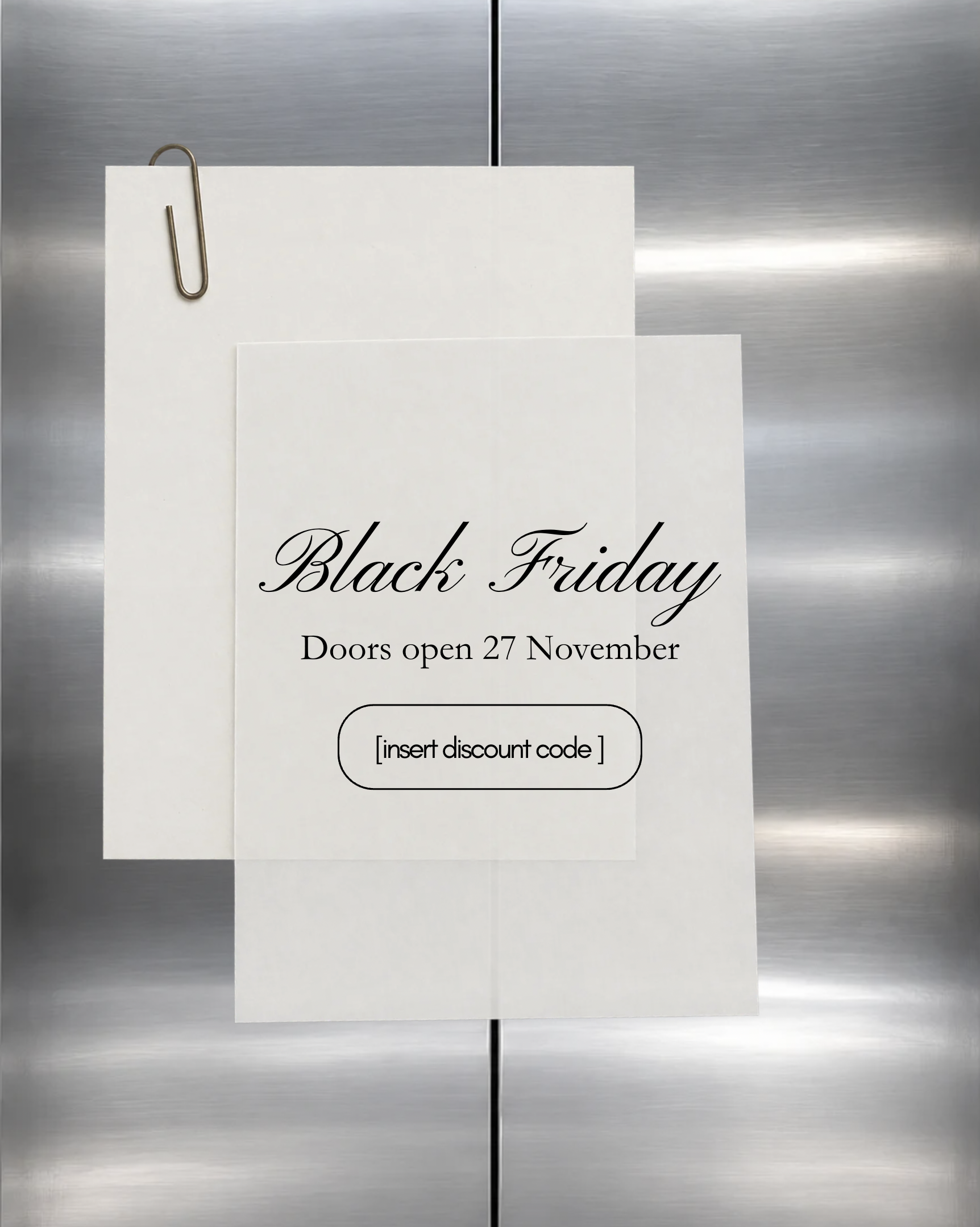 Black Friday doors open Canva template: notice taped to elevator doors with discount code