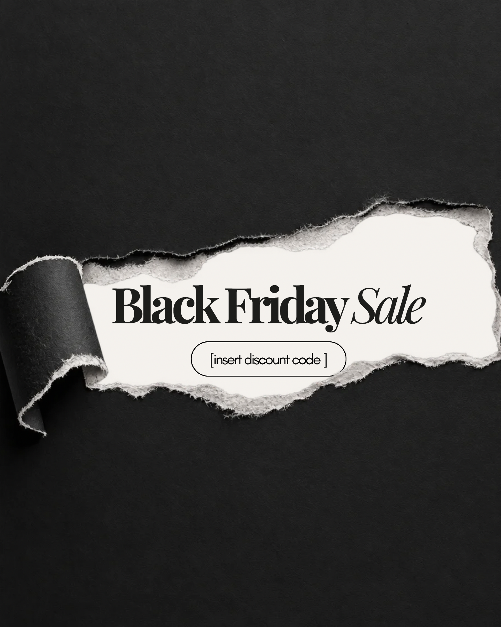 Black Friday Sale Canva template with torn paper reveal and discount code