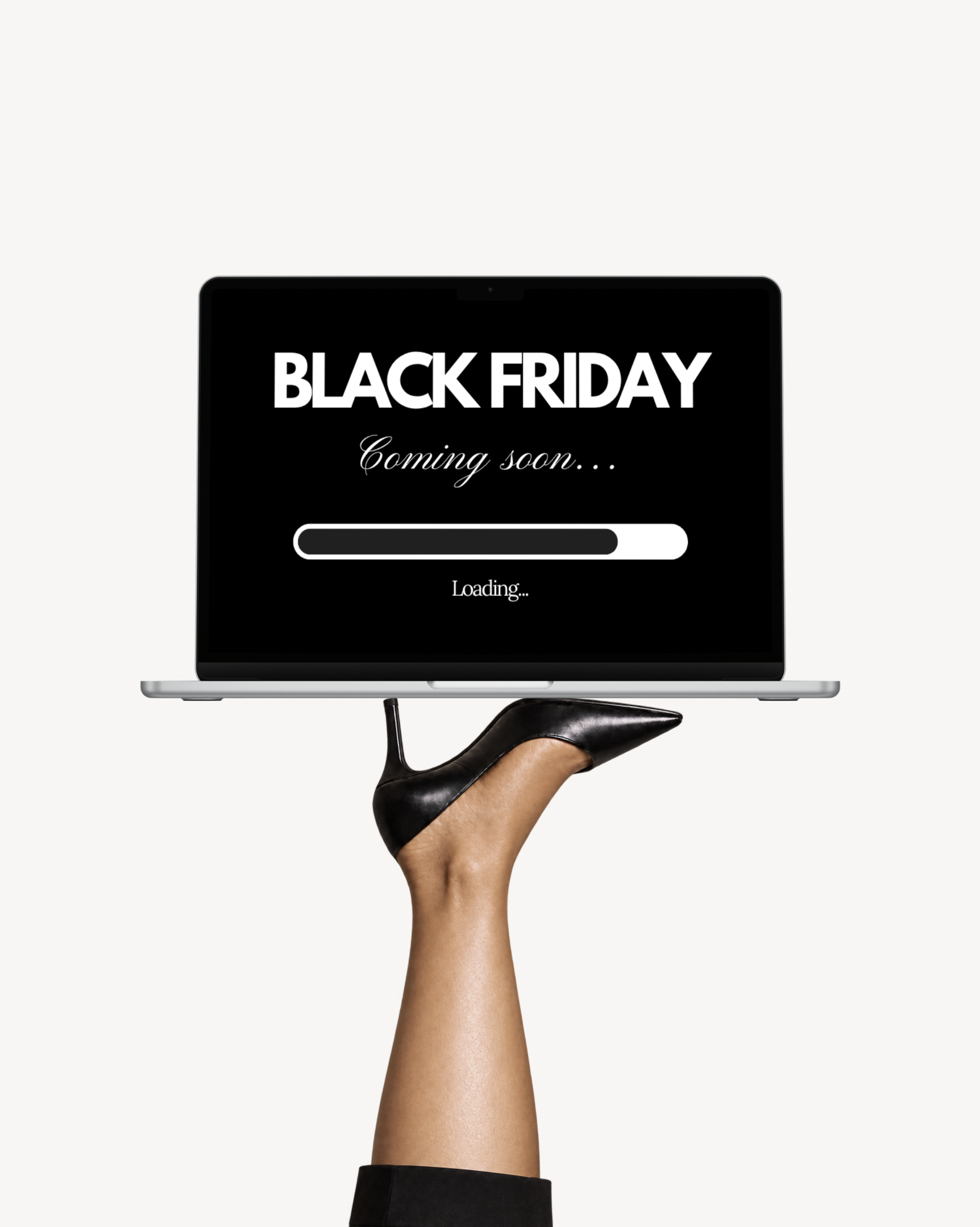 Black Friday teaser Canva template: coming soon laptop screen with loading bar