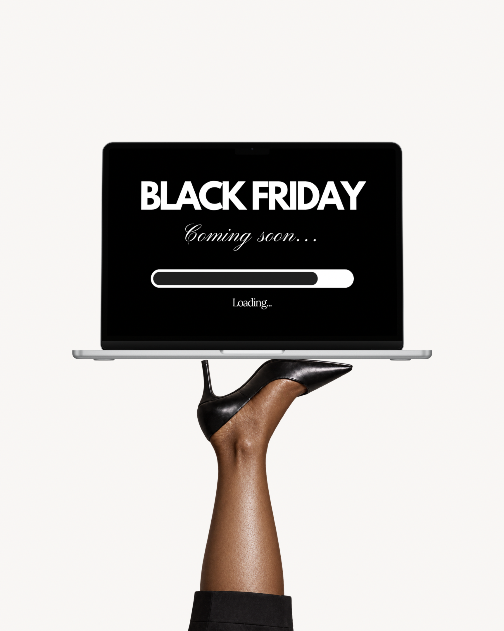 Black Friday coming soon Canva template: laptop with loading bar balanced on a high heel
