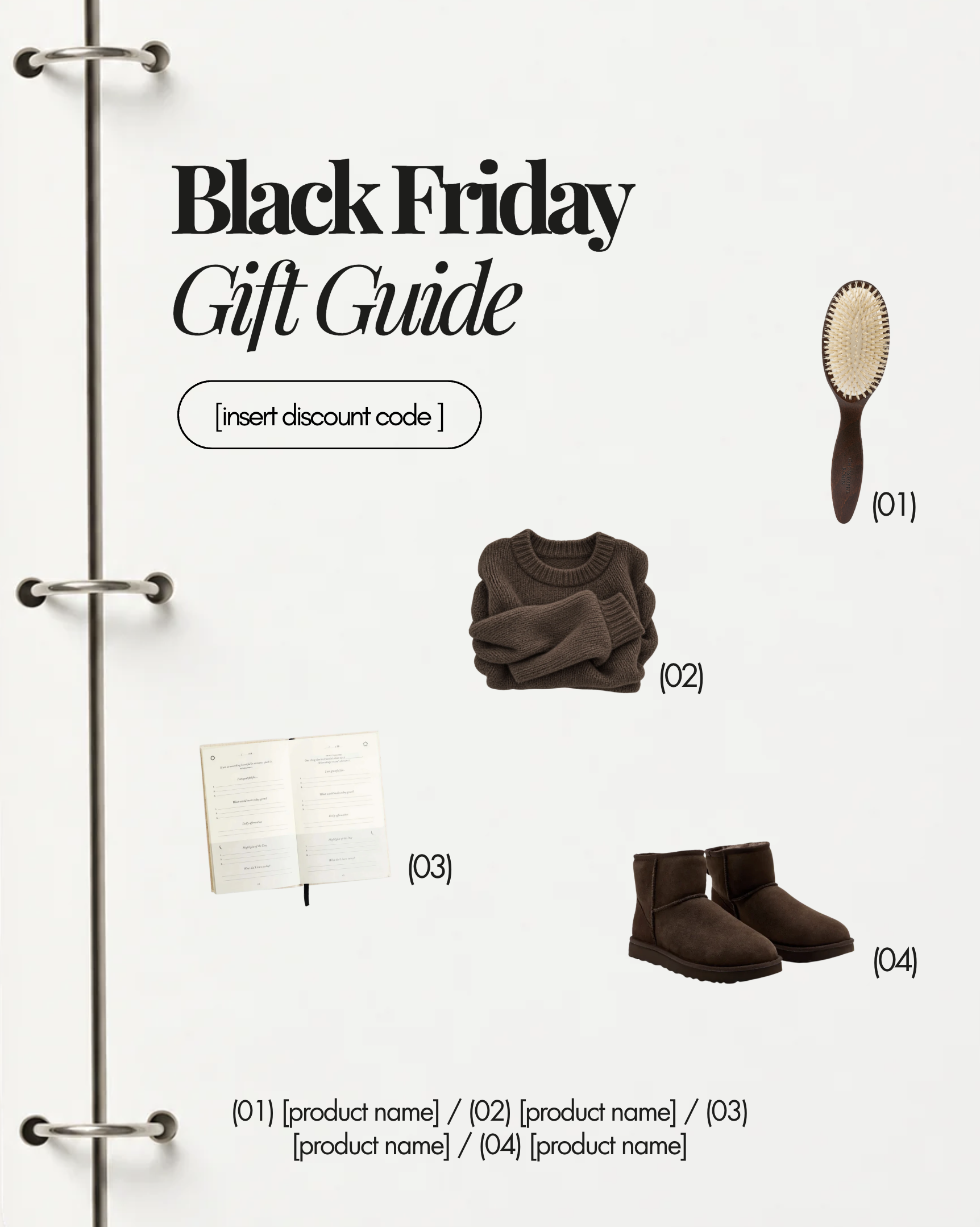 Black Friday gift guide Canva template with products and discount code