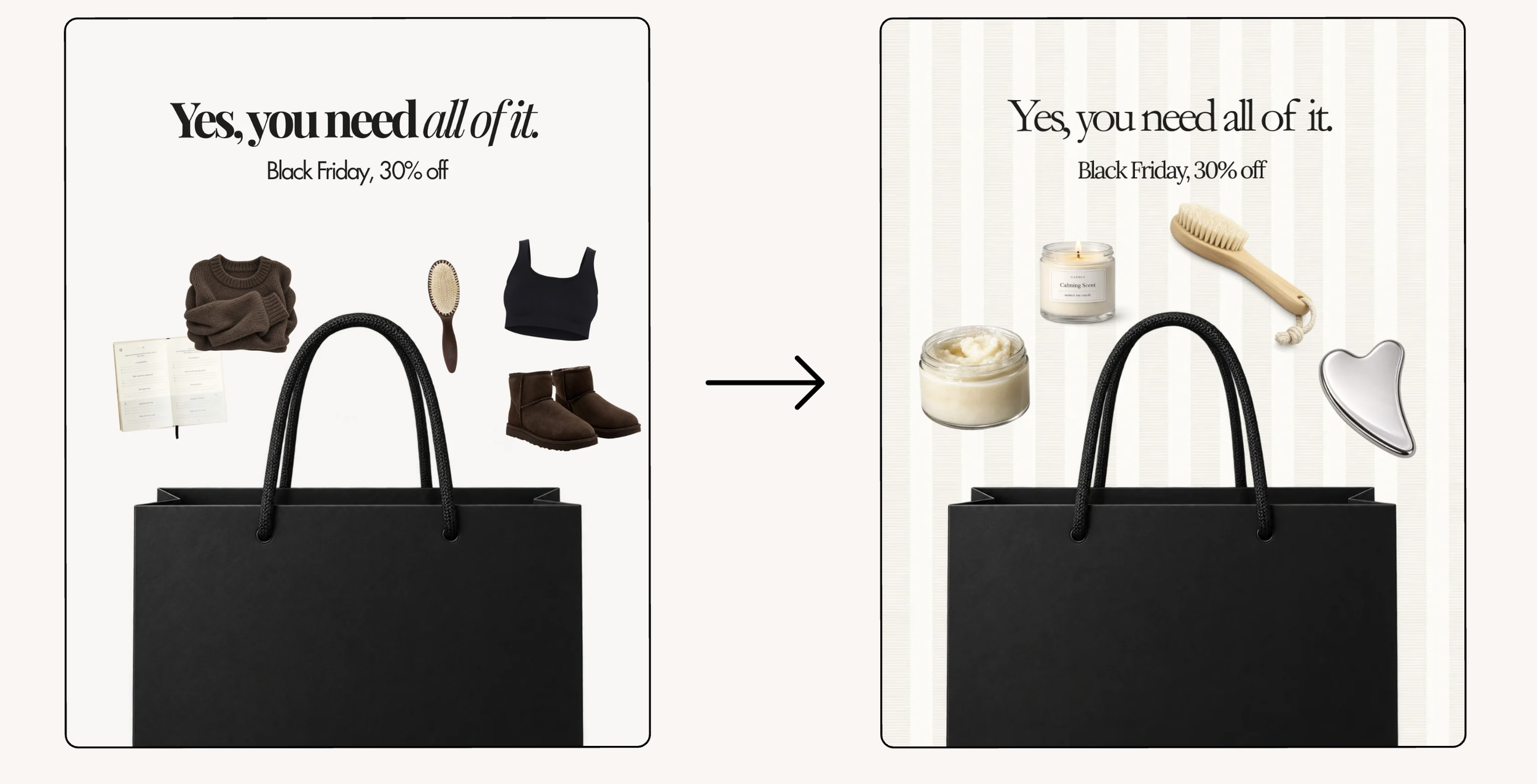 Before and after: the same Black Friday Canva template customized with different products and brand colours