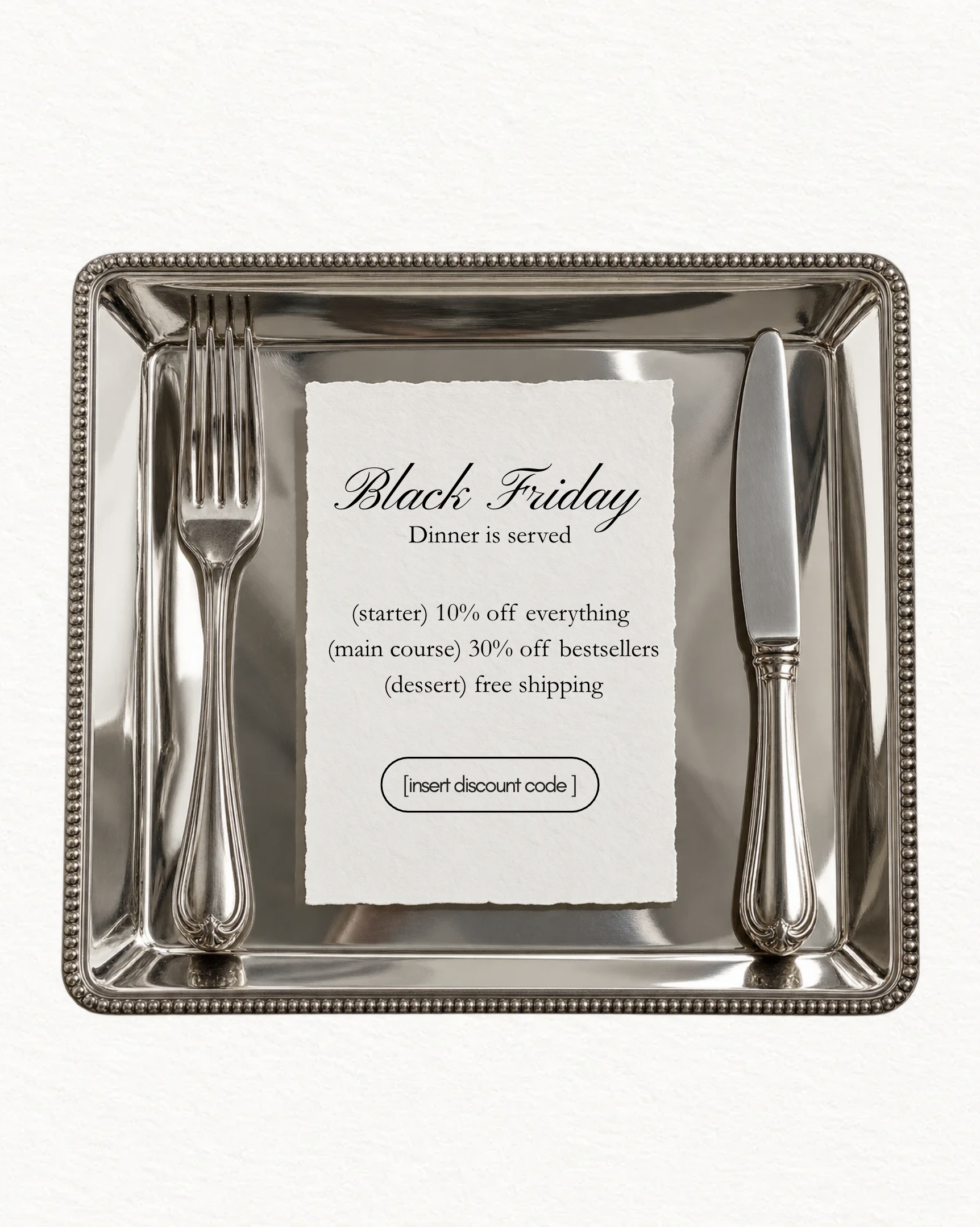 Black Friday dinner is served Canva template: sale menu on a silver tray