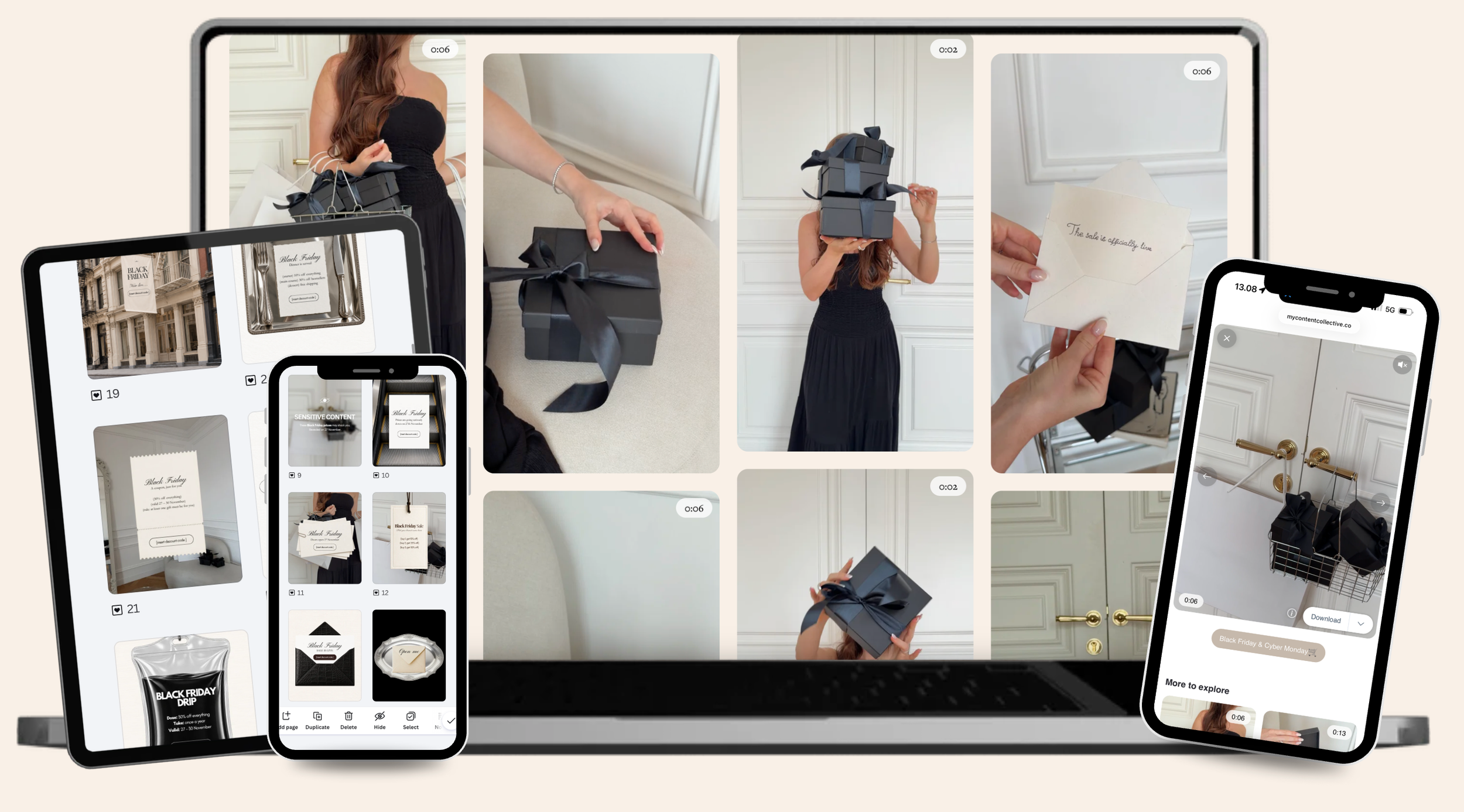 Black Friday Canva templates and b-roll shown on laptop, tablet and phone: 42 templates, 50 b-roll clips and matching images