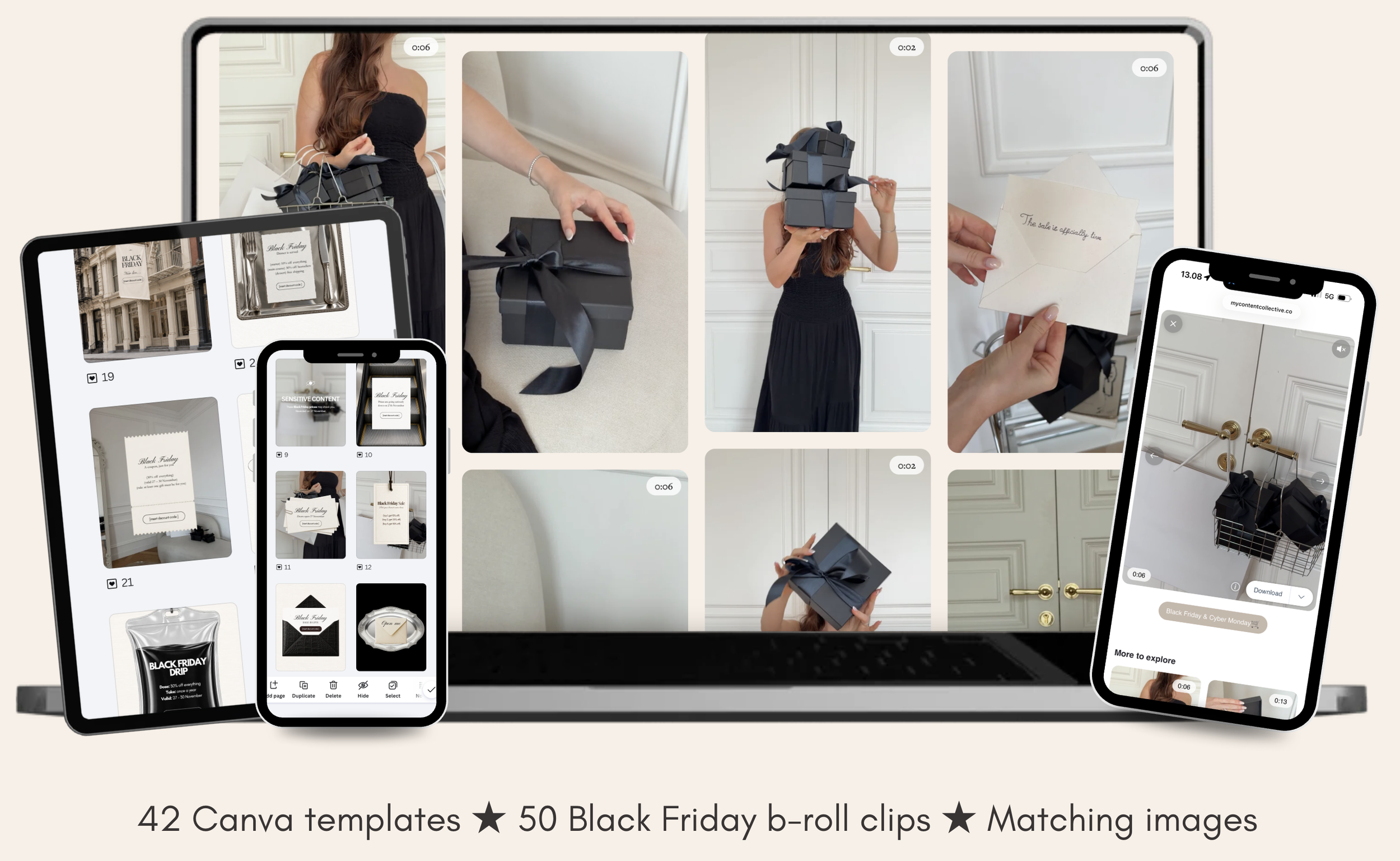 The Black Friday Content Bundle on laptop, tablet and phone: Canva templates, b-roll clips and matching images