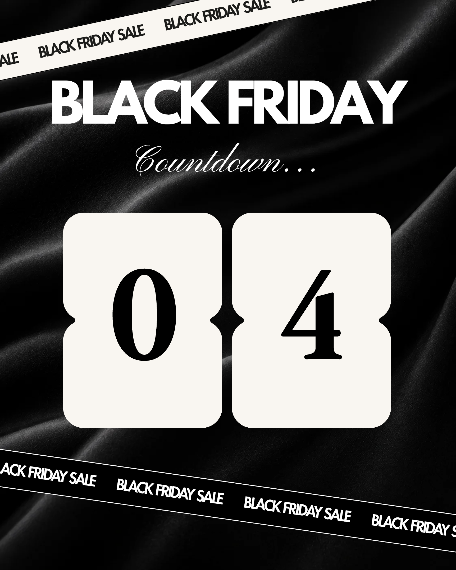 Black Friday countdown Canva template with flip clock numbers on black satin