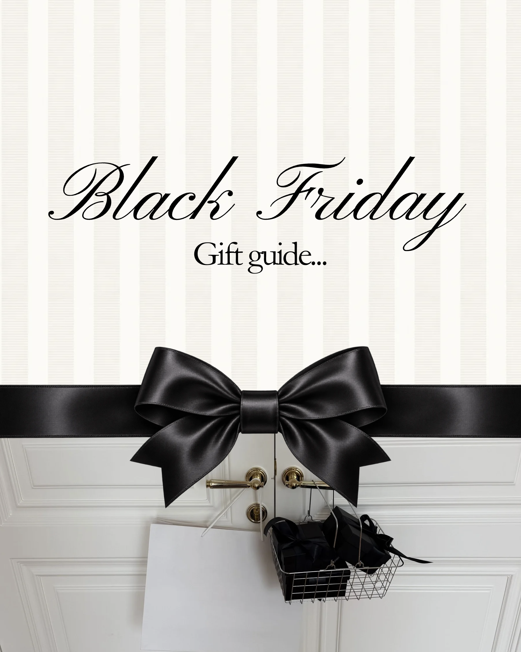 Black Friday gift guide swipe-to-unwrap Canva template with black ribbon bow