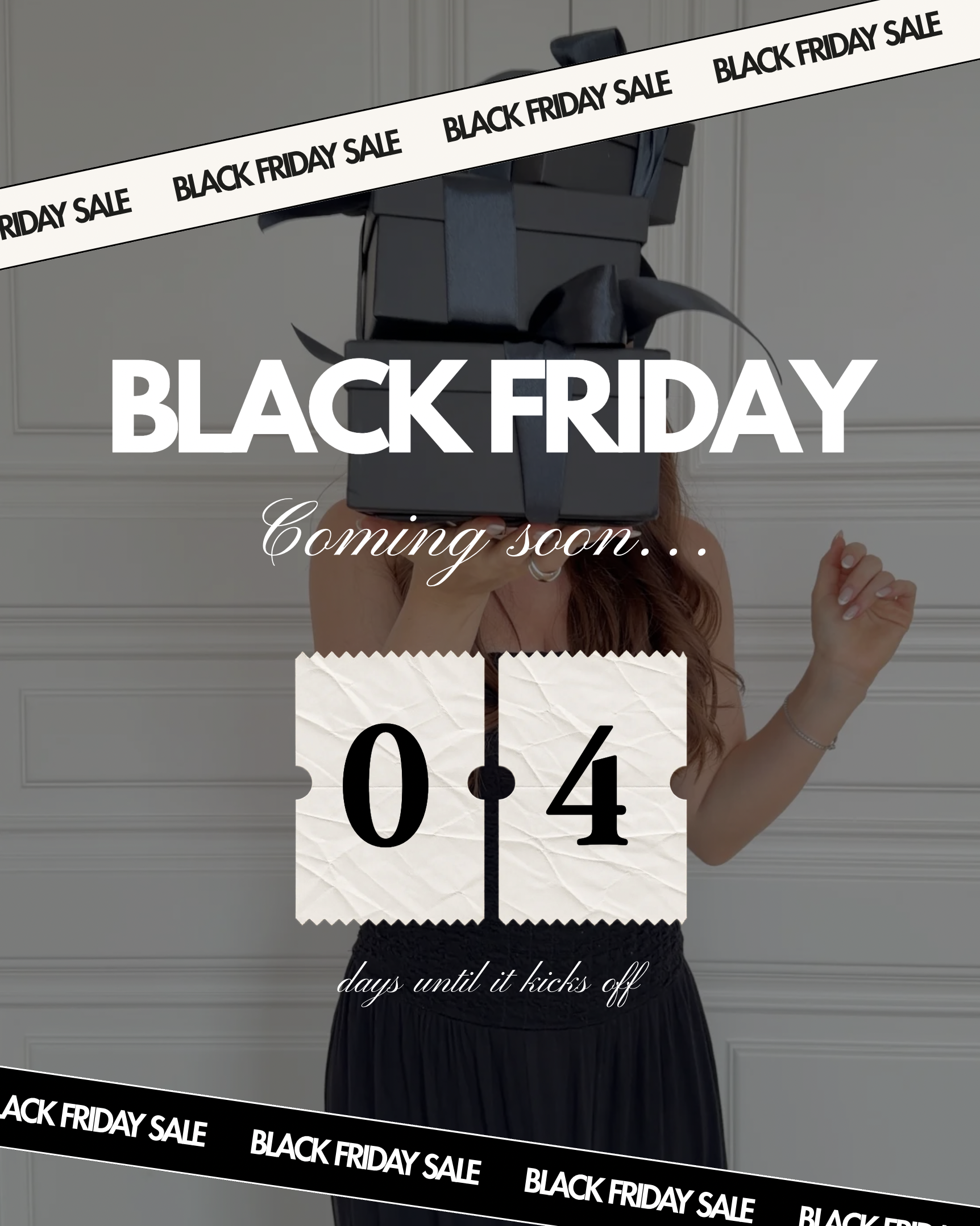 Black Friday coming soon countdown Canva template over b-roll of woman holding gift boxes