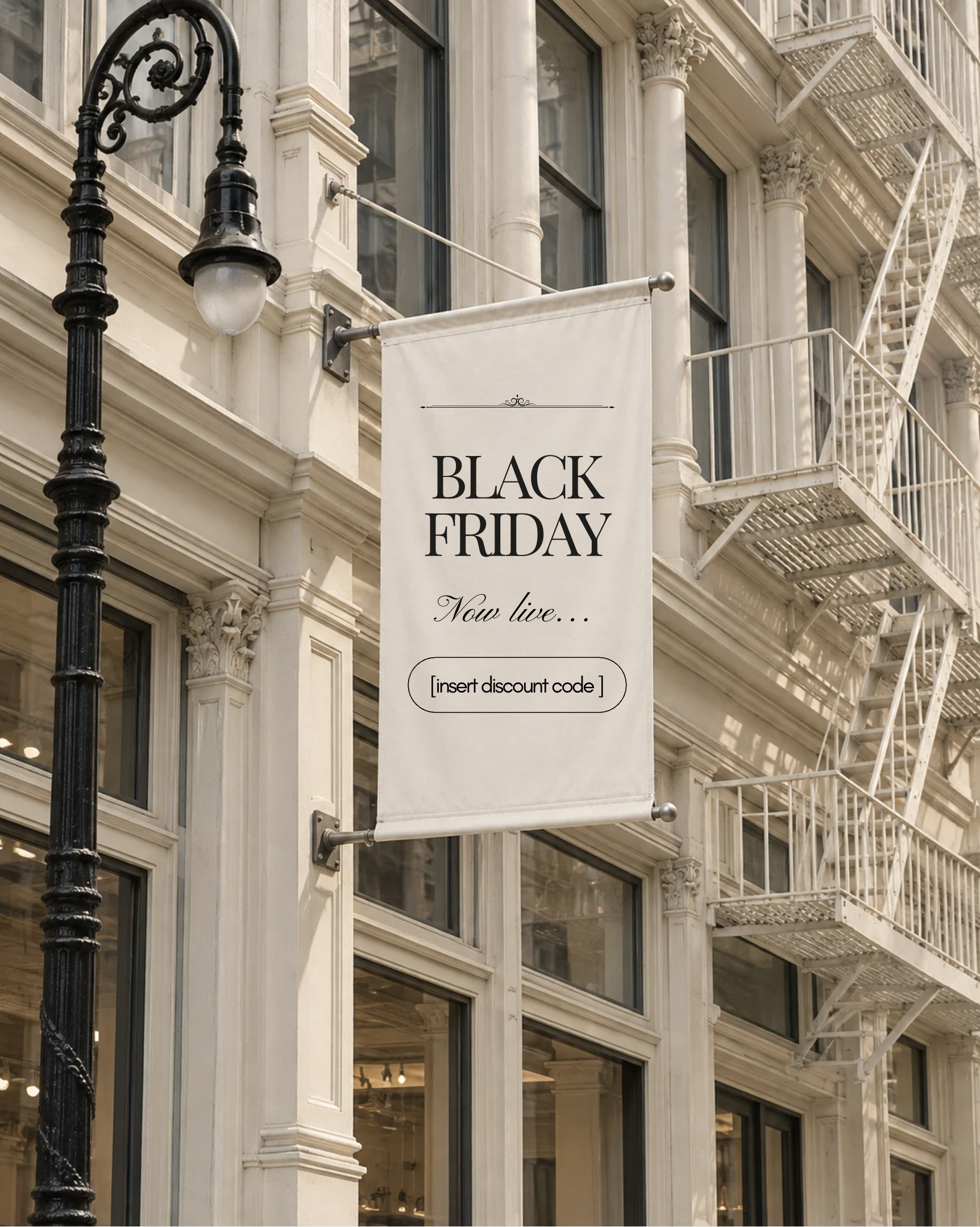 Black Friday street banner Canva template on a city building