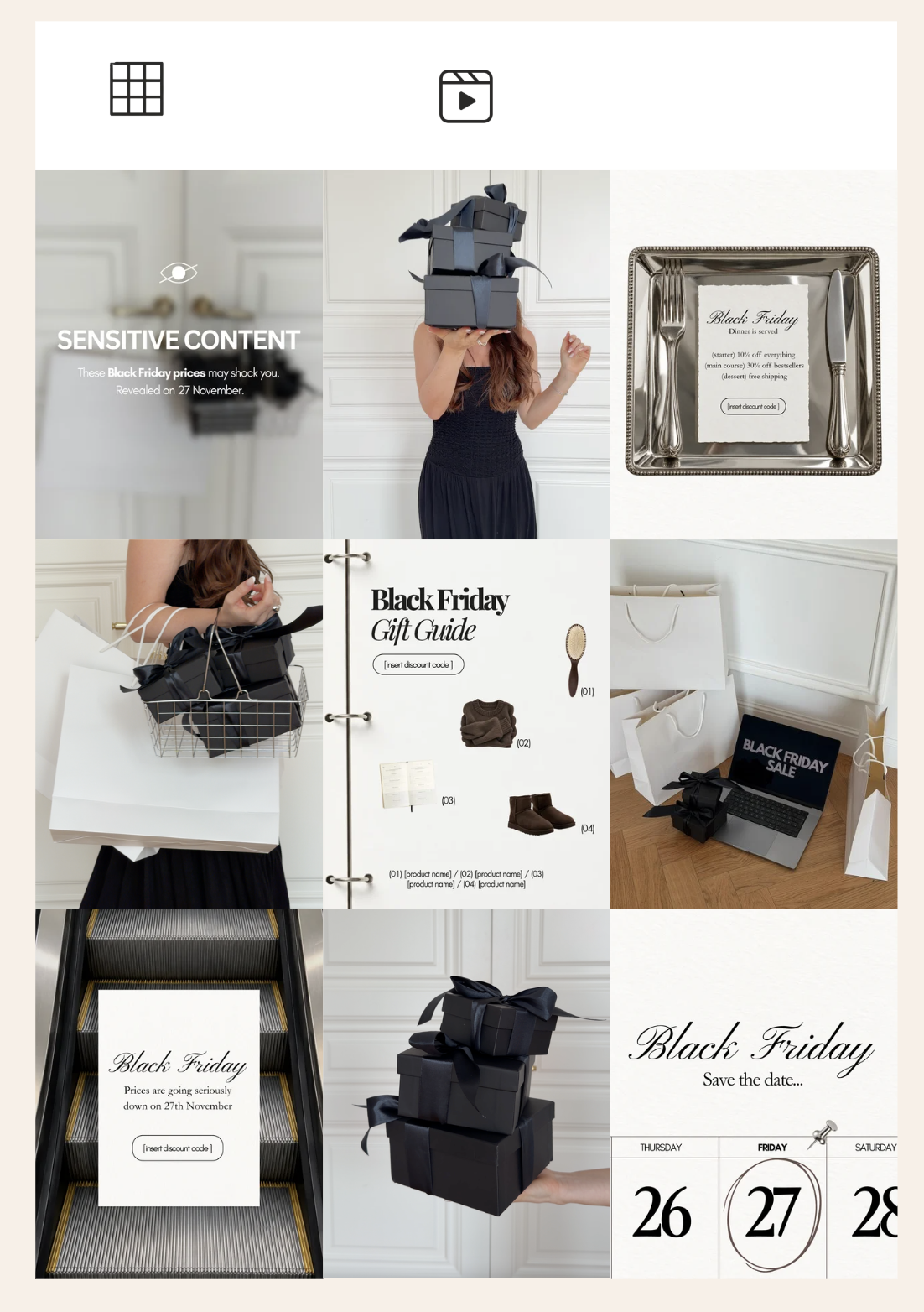 Instagram feed planned with Black Friday Canva templates: countdown, gift guide, sneak peek and launch posts