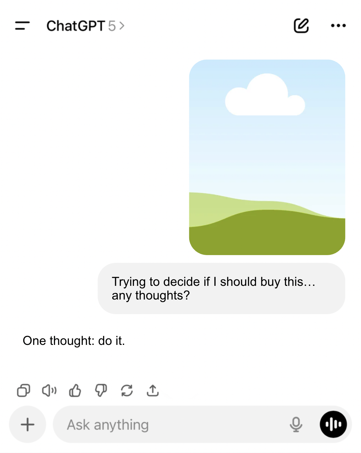 Funny Black Friday story template: AI chat screenshot asking whether to buy your product