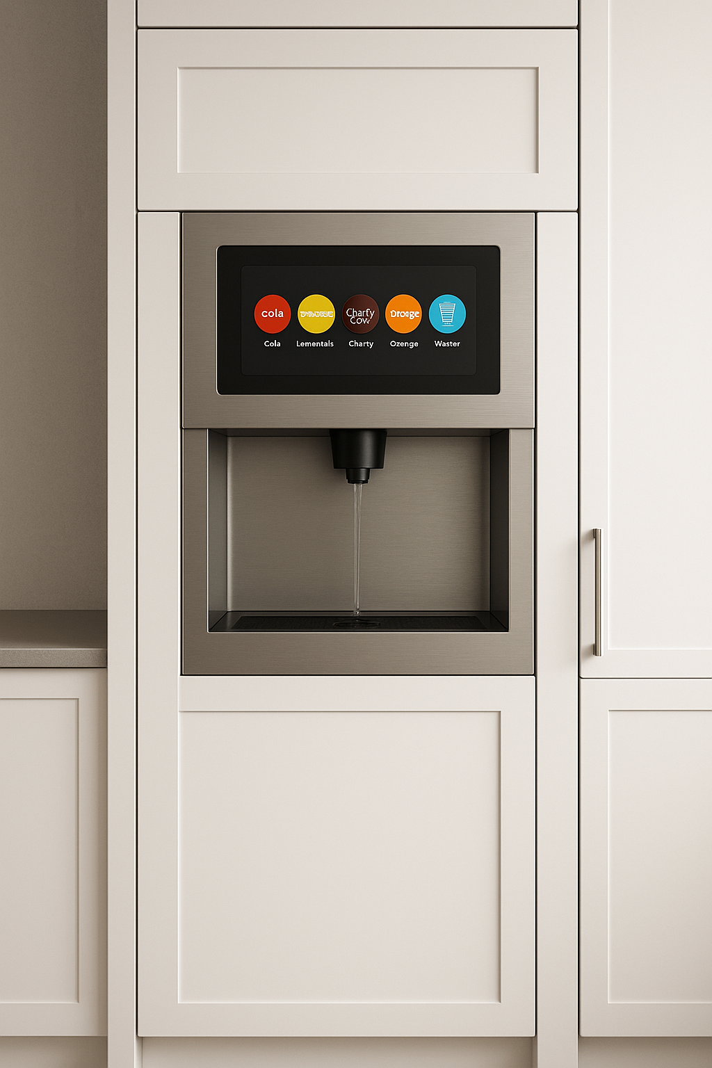 Built-in beverage dispenser in a white cabinet with drink selection buttons including cola, lemonade, cherry, orange, and water.
