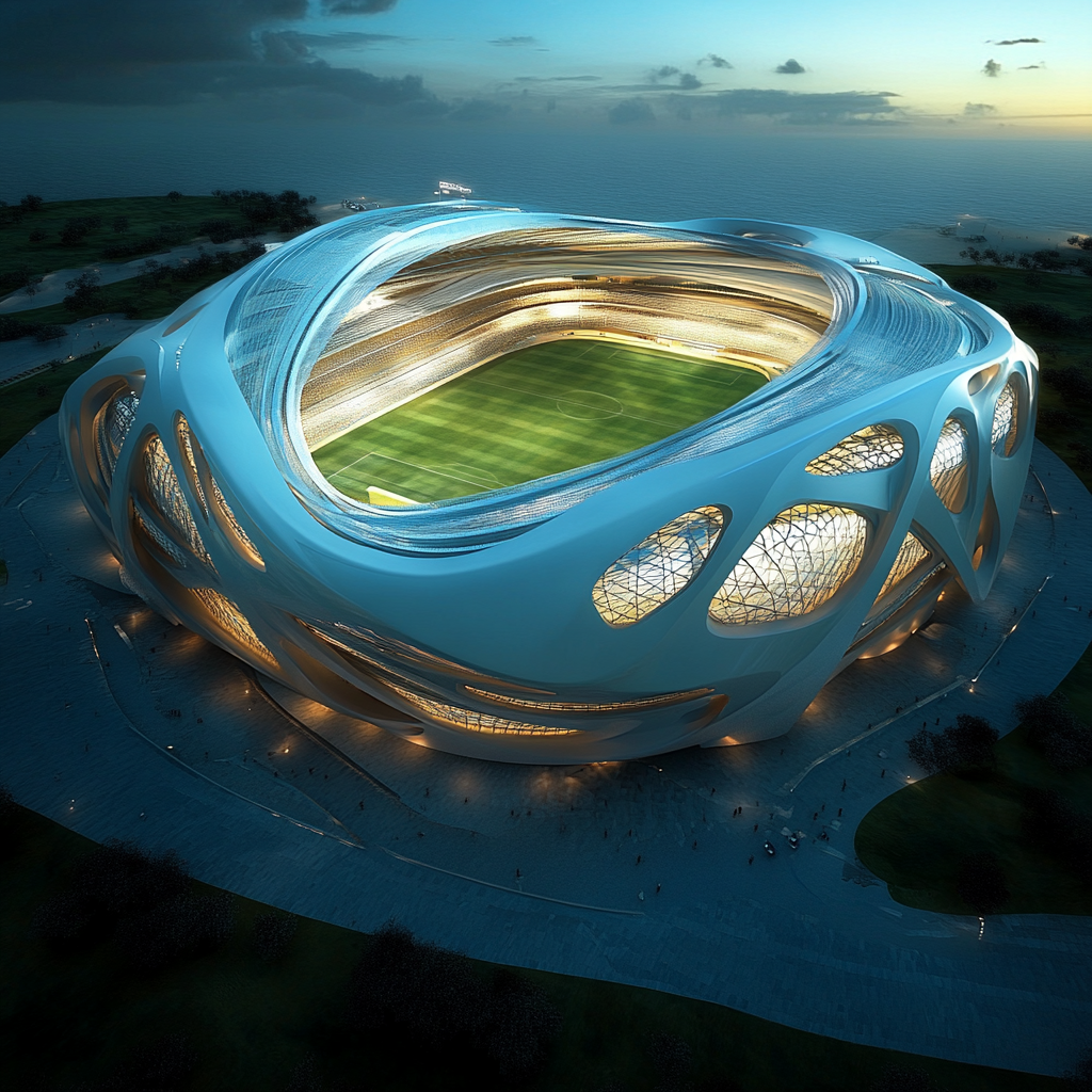 Modern stadium with unique, futuristic design, illuminated at dusk with a visible soccer field inside.