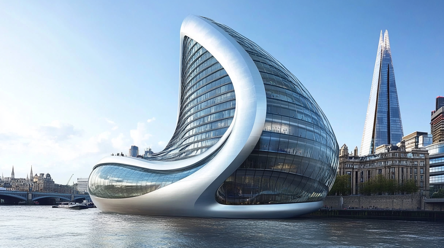 Futuristic glass building on a riverfront with a distinct curve, set against a cityscape, including a tall, pointed skyscraper.