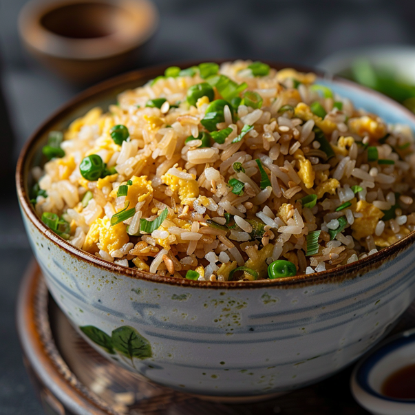 Bowl of fried rice with peas and scrambled eggs