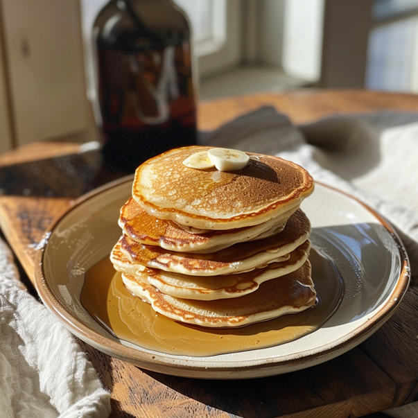 Stack of pancakes with banana slices and syrup on a plate, bottle in background.