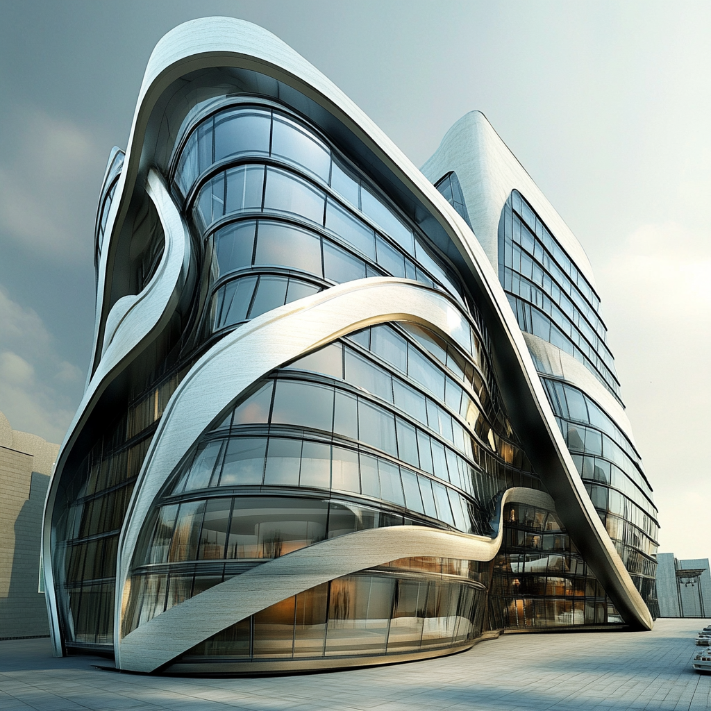 Modern architectural building with curved glass and metal facade reflecting the sky.