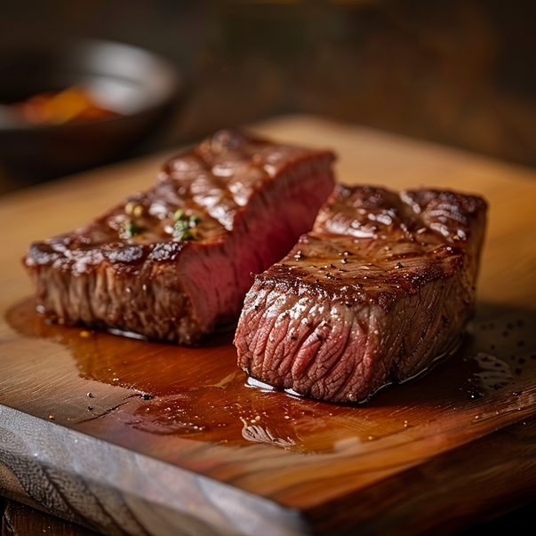Juicy grilled steak on wooden board