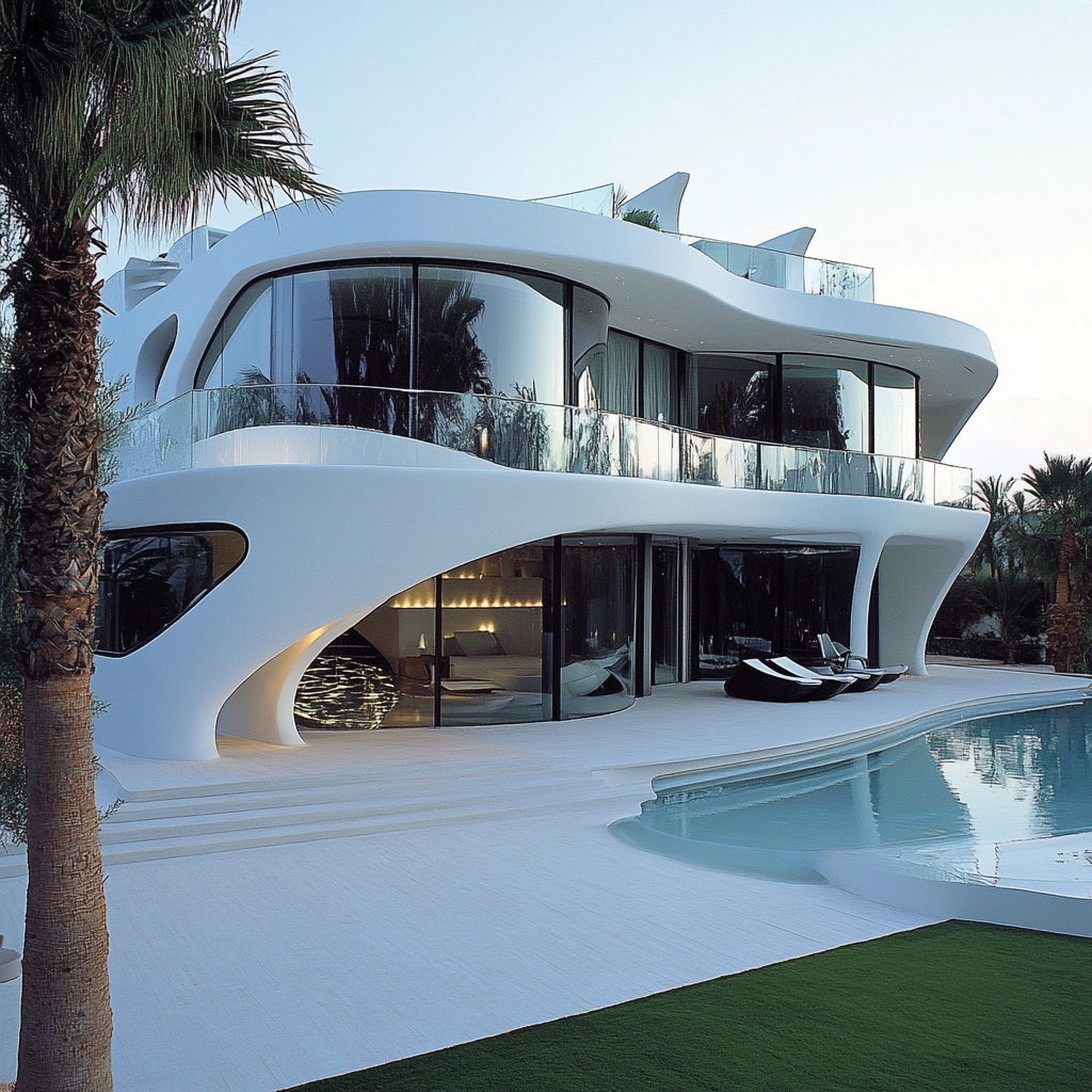 Modern luxury villa with curved architecture, large glass windows, and a swimming pool.