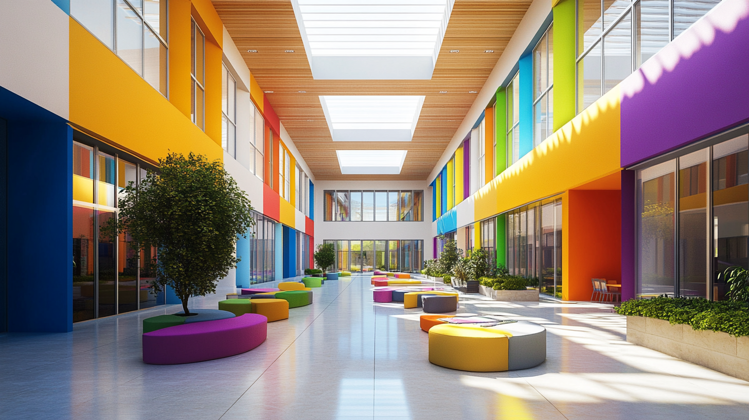 Colorful modern atrium with skylights, vibrant walls, circular seating, and potted plants.