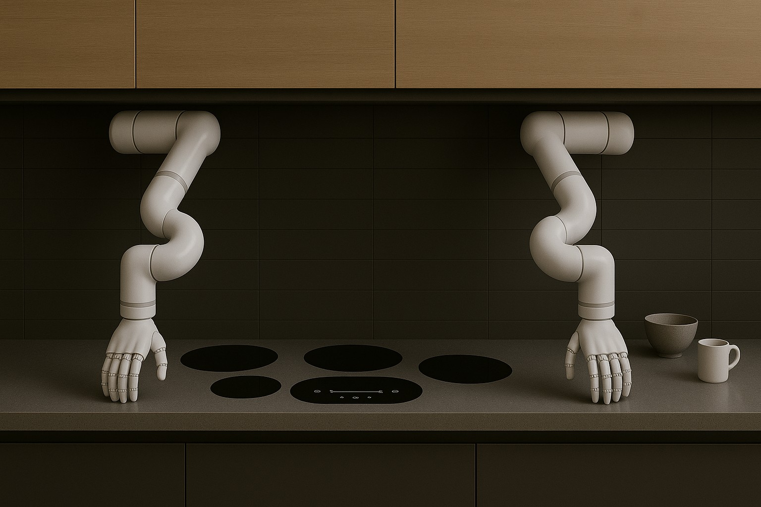 Two robotic arms on a kitchen counter with a stove and cups.