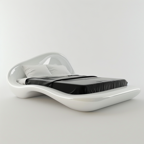 Modern white curved bed with black bedding on a plain background.