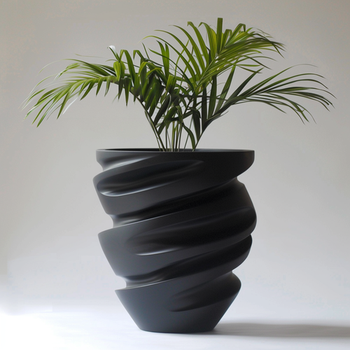 Modern black twisted plant pot with green palm leaves against a light background.