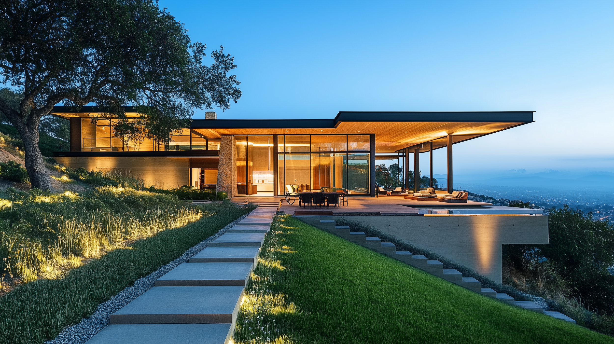 Modern luxury home with large glass windows, surrounded by landscaped greenery and outdoor lighting, set on a hillside with a scenic view.