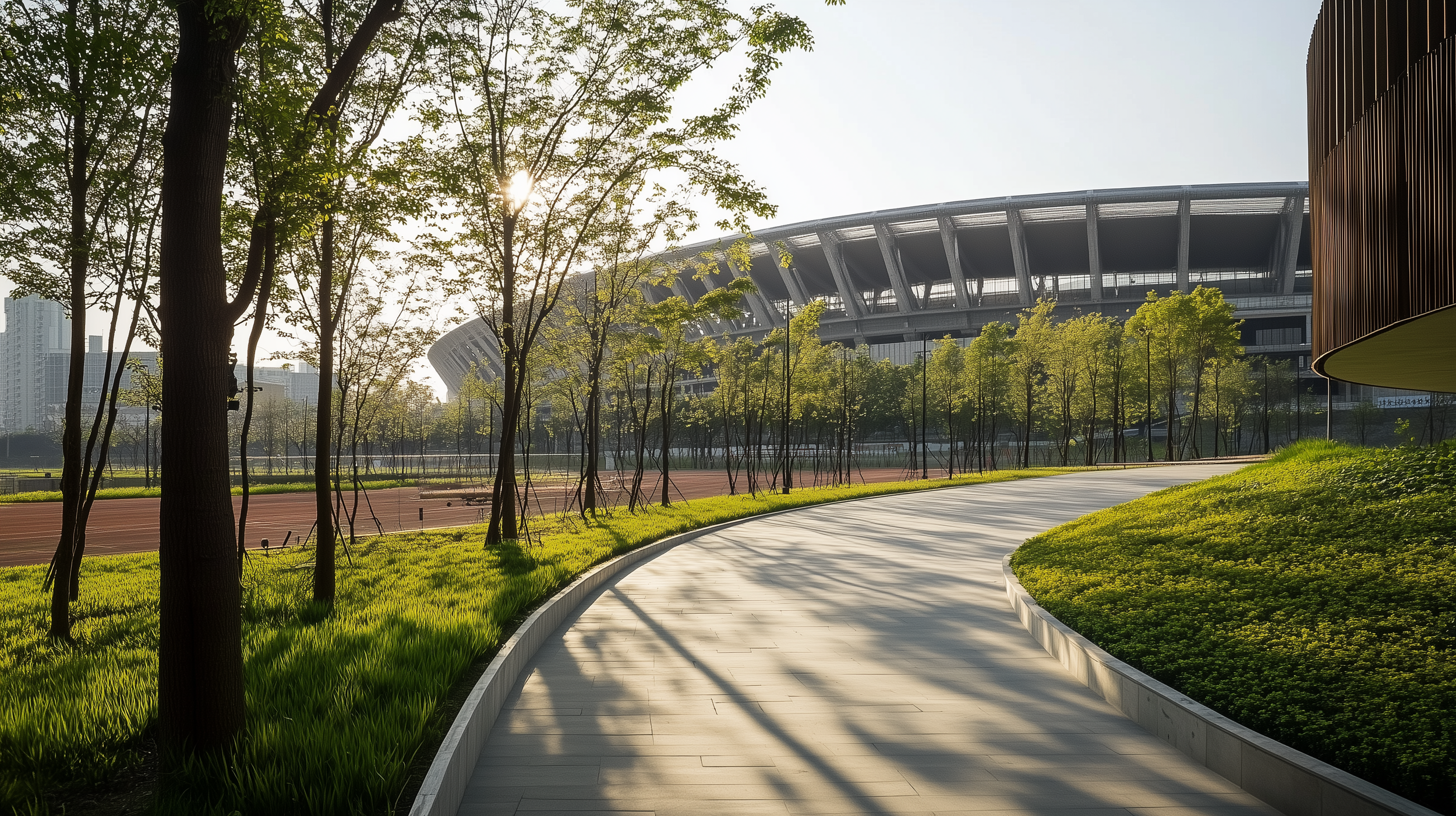 Curved walkway with surrounding trees and a large stadium in the background under a clear sky.