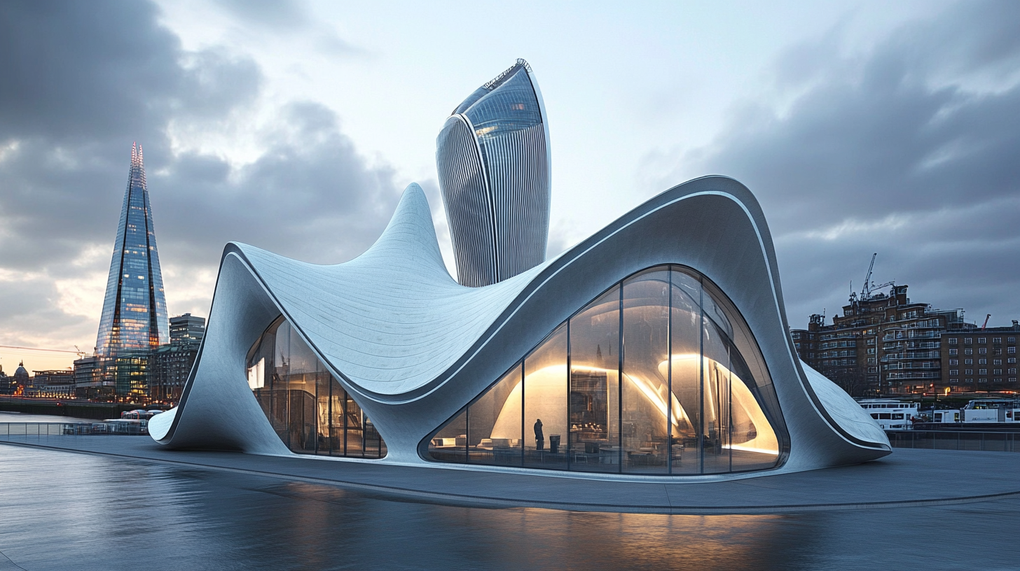 Futuristic building with curved architecture, glass facade, and glowing interior at dusk, with city skyline and modern towers in the background.