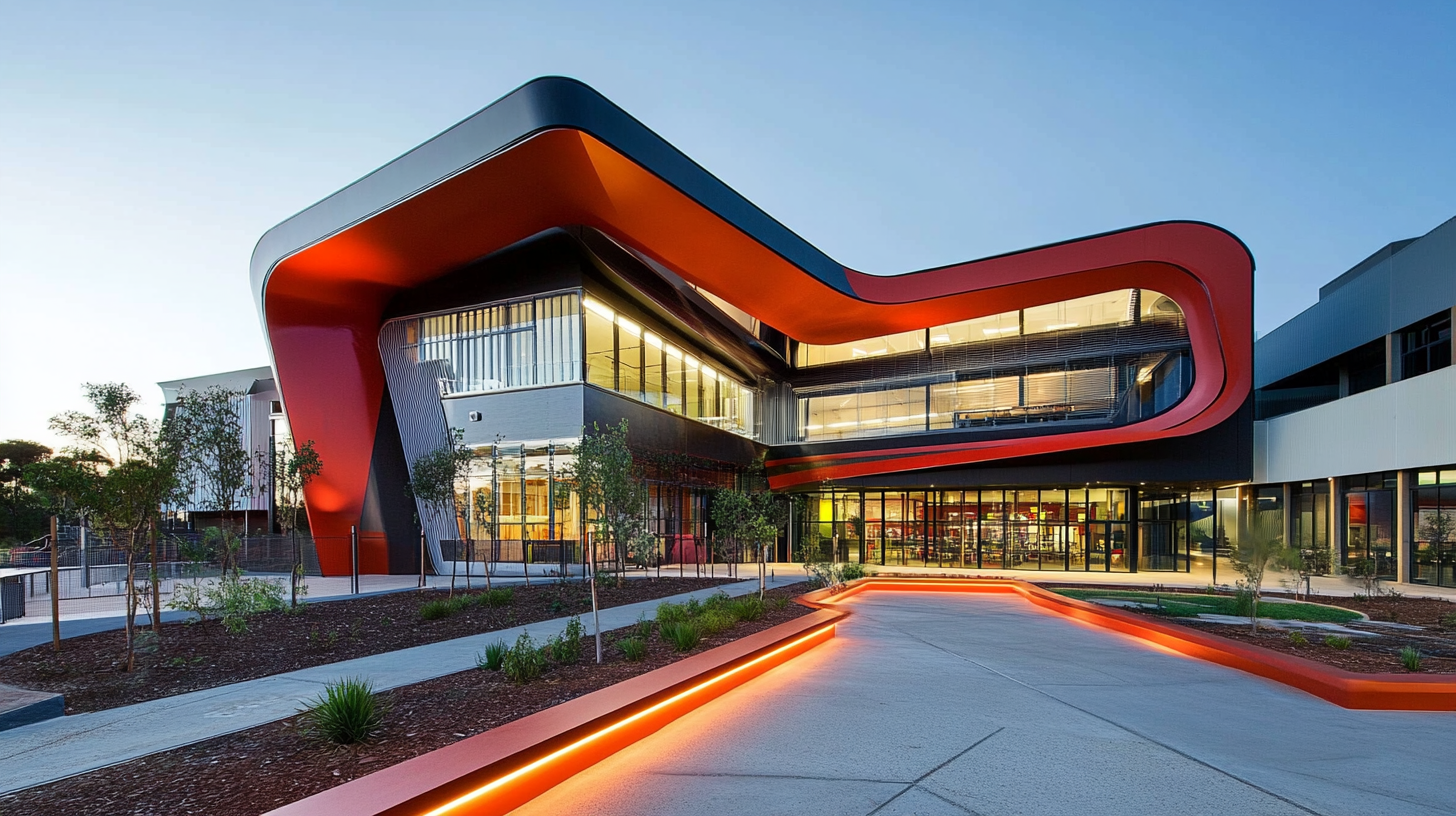 Modern architectural building with red and black exterior, featuring large windows and illuminated pathways, surrounded by landscaping.