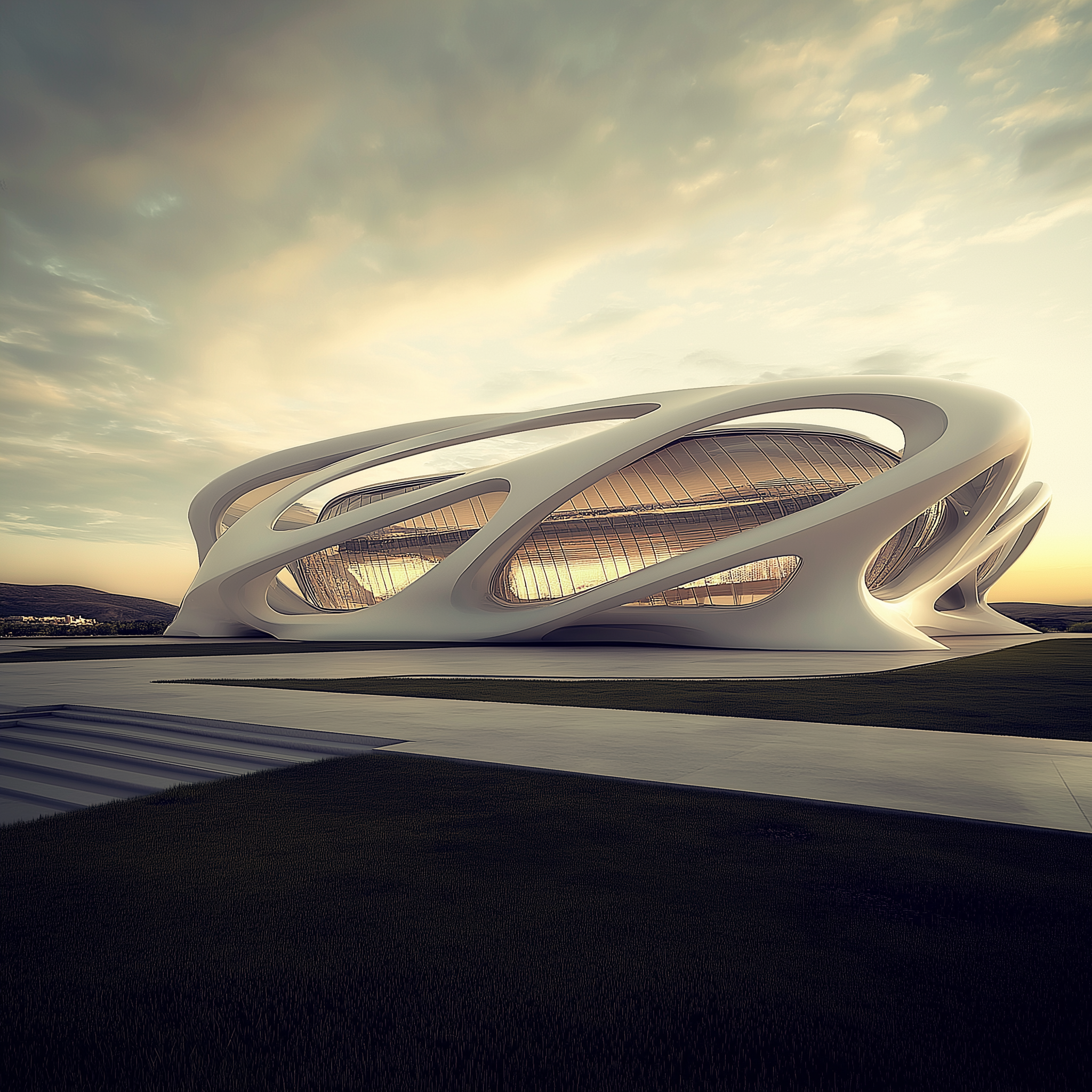 Futuristic building with curved, organic architecture at sunset, featuring large glass windows and an open, airy design.