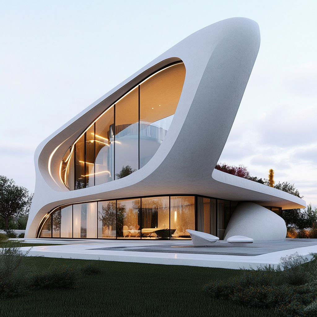 Futuristic architectural design of a modern building with curved shapes and large glass windows, surrounded by greenery.