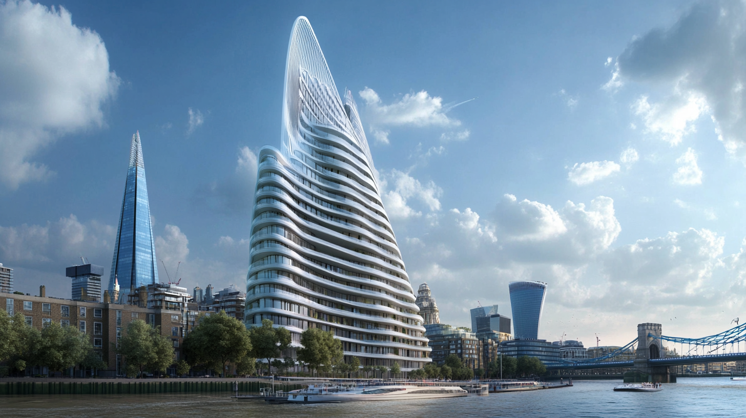 Futuristic skyscraper and modern buildings in city skyline by a river, under a partly cloudy sky.