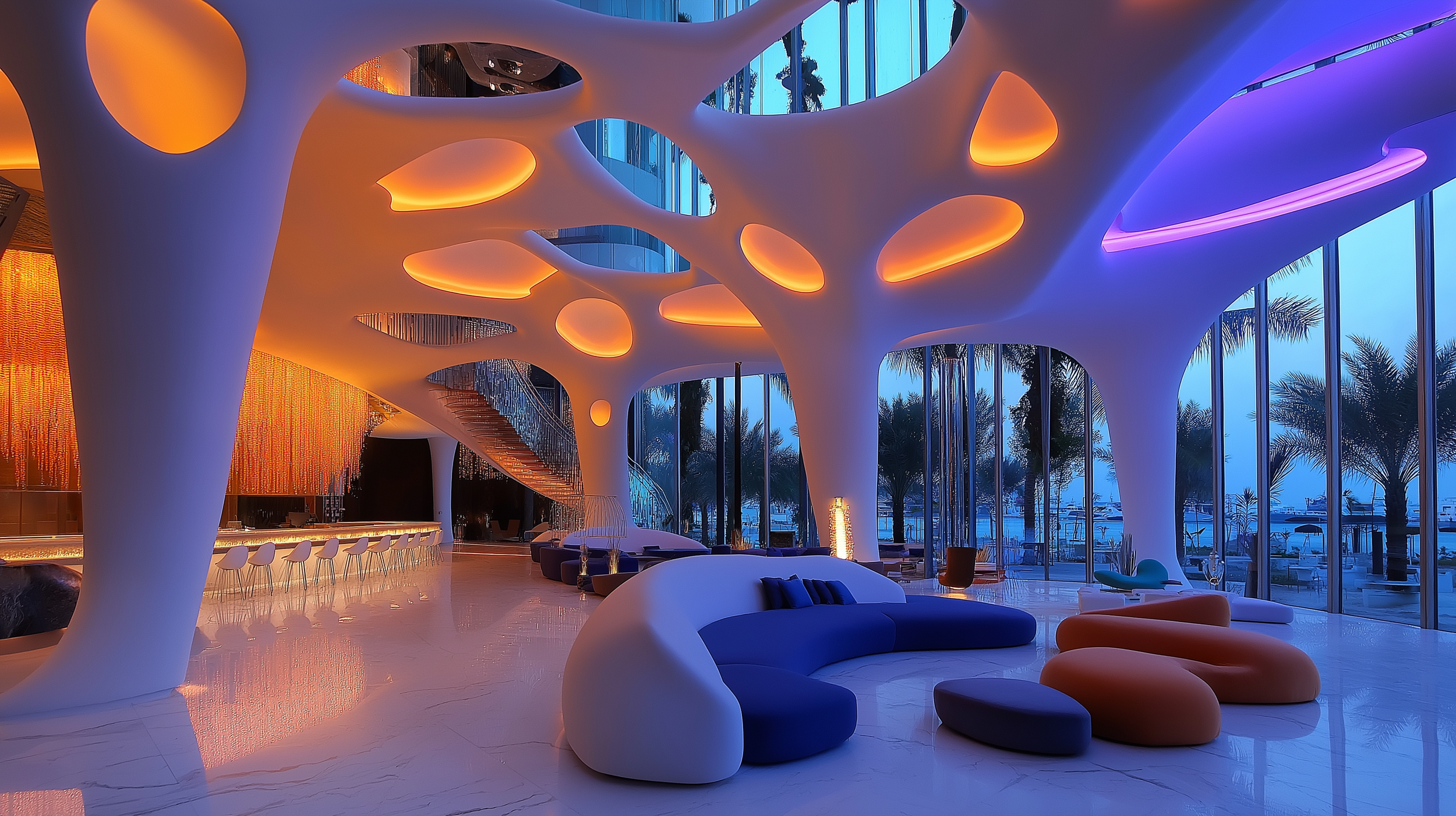Futuristic hotel lobby with modern furniture, glowing ceiling design, and an elegant bar under orange lighting.