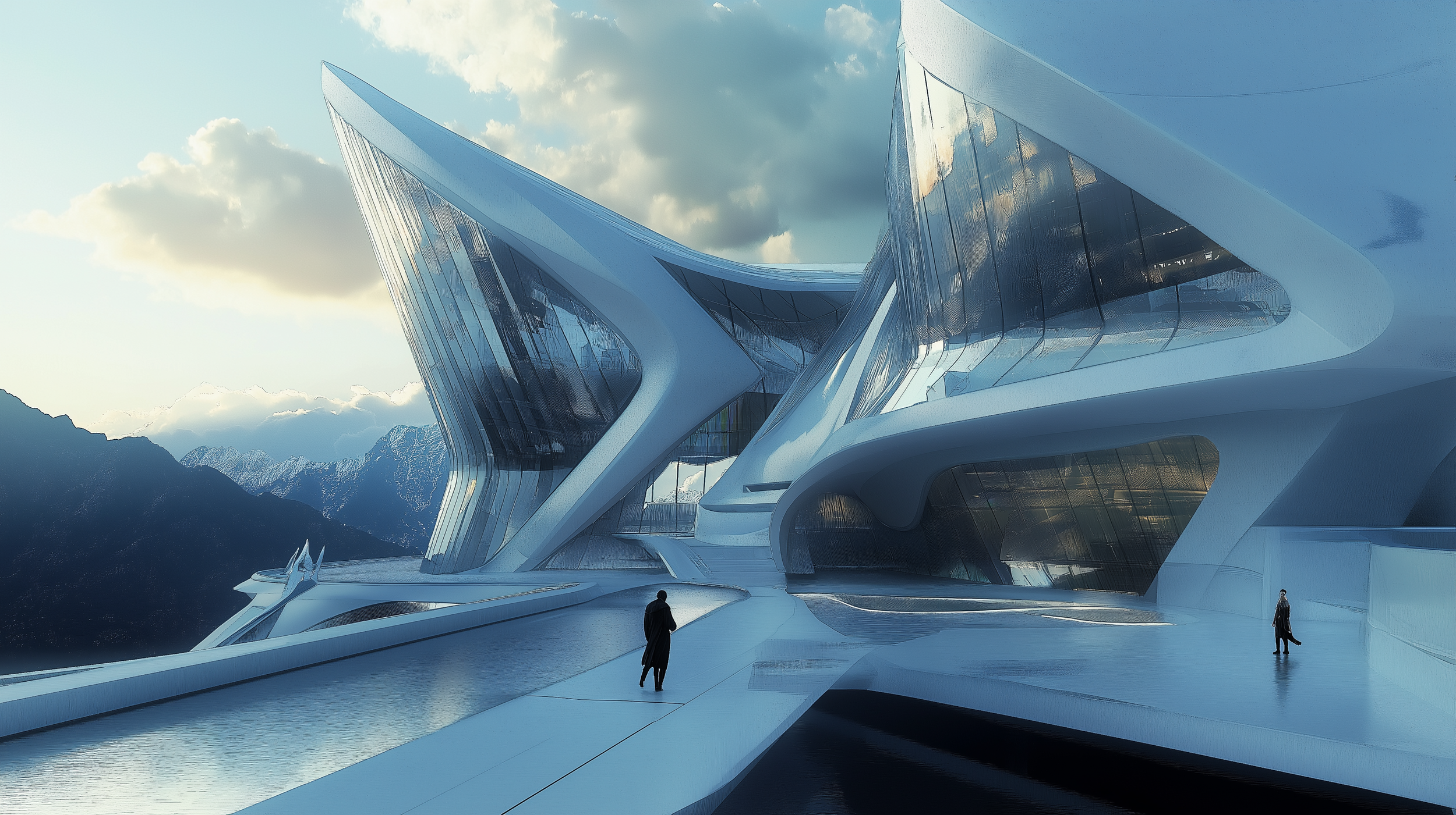 Futuristic architectural structure with glass and organic shapes, set against a mountain backdrop and cloudy sky, with two people walking on a sleek walkway.