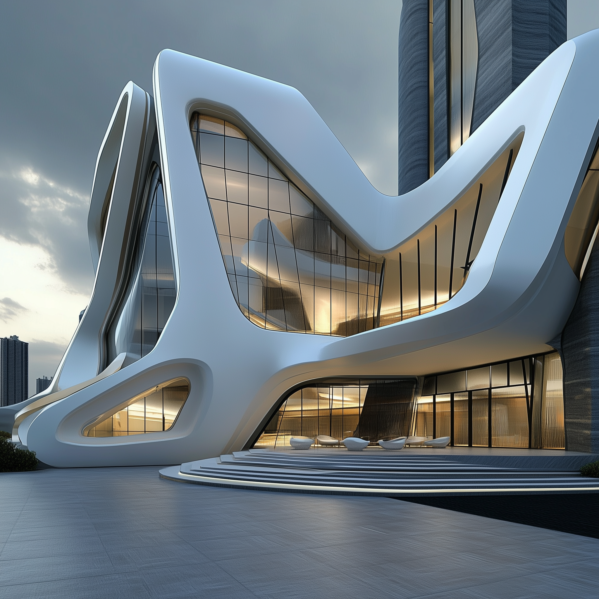 Futuristic building with curved white and glass exterior, featuring large windows and creative architectural design, set against a cloudy sky.