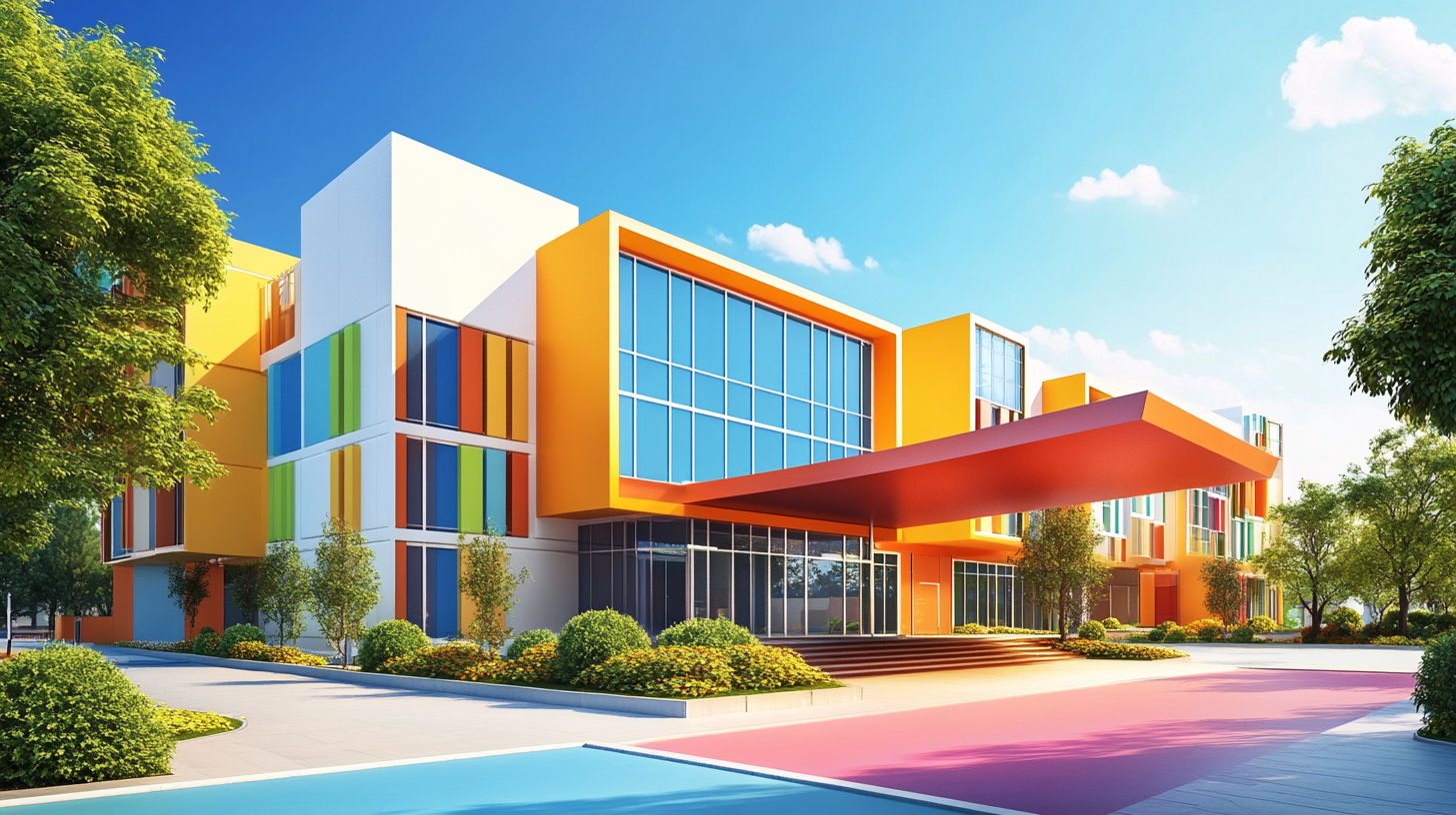 Modern colorful building with large windows and a vibrant design, featuring orange and white panels, surrounded by trees and landscaped gardens under a bright blue sky.