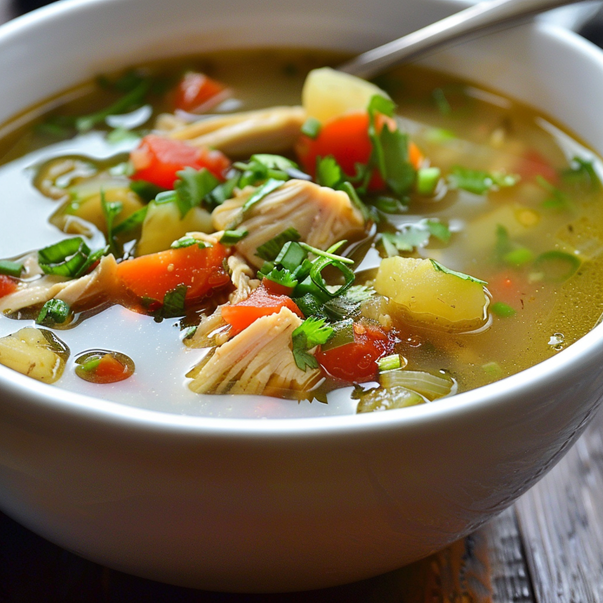 Bowl of chicken soup with vegetables and herbs