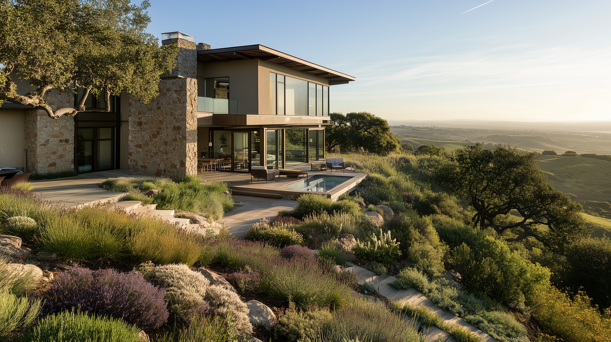 Modern hillside house with large glass windows, a wooden patio, and a small pool. Surrounded by lush greenery and overlooking a scenic landscape at sunset. Modern Architecture
