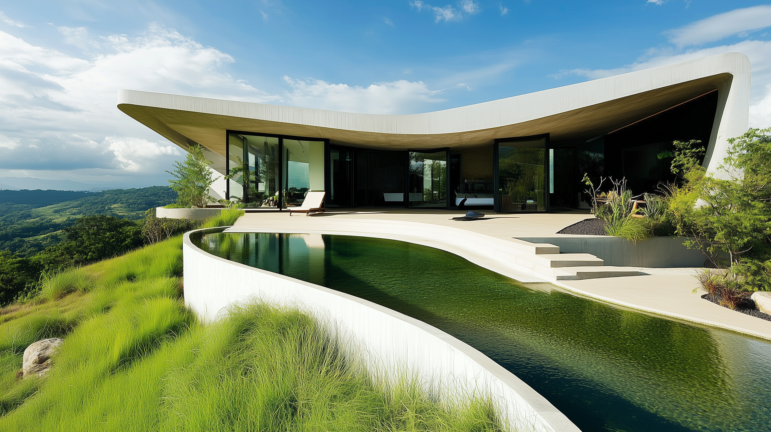 Modern house with curved roof, large glass windows, wooden deck, and an infinity pool surrounded by lush green landscape.