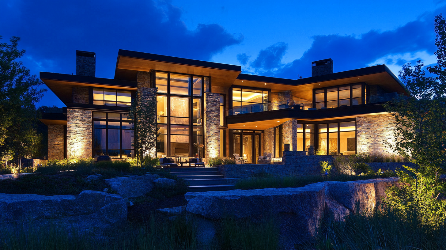 Modern luxury house at night with large glass windows and exterior lighting, surrounded by landscaped garden.