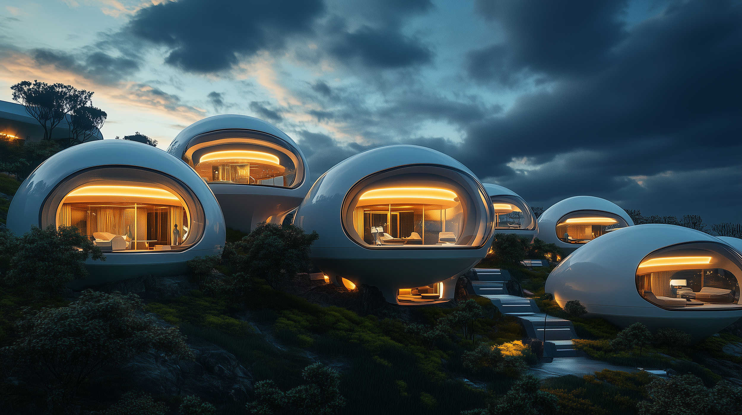 Futuristic pod-like homes on a hillside with illuminated interiors at dusk