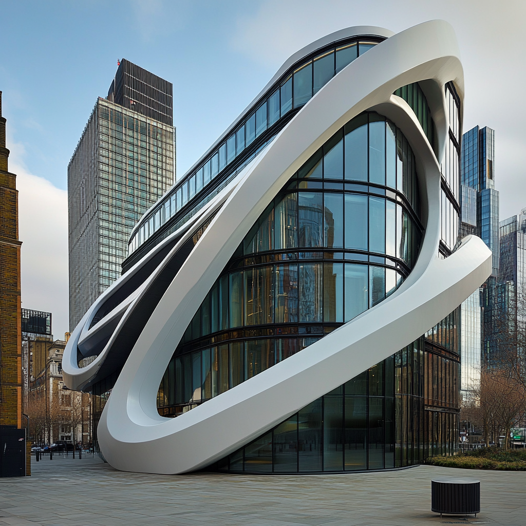 Modern architectural building with flowing, curved design and glass facade, surrounded by urban skyscrapers.