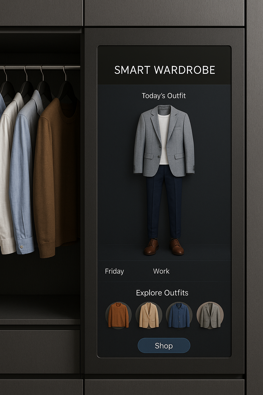 Smart wardrobe display showing a suggested outfit with a gray blazer, white shirt, navy pants, and brown shoes. Multiple clothing items hang in the adjacent closet. Interface includes day and occasion, "Friday Work," and options to explore outfits or shop.