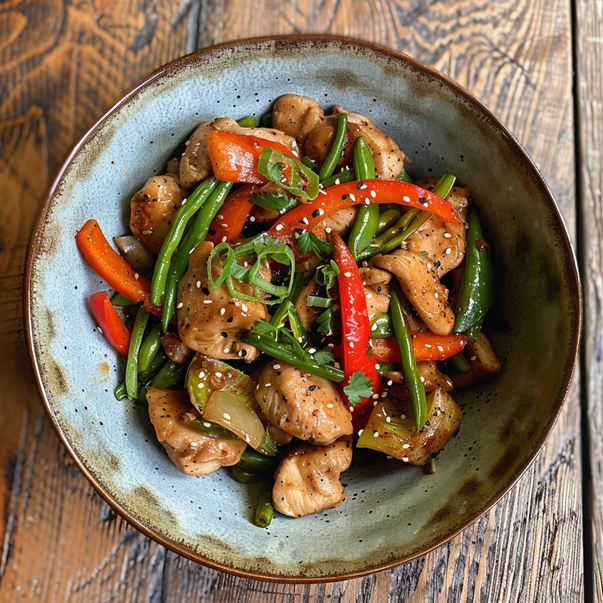 Stir-fried chicken with bell peppers and green beans in a bowl
