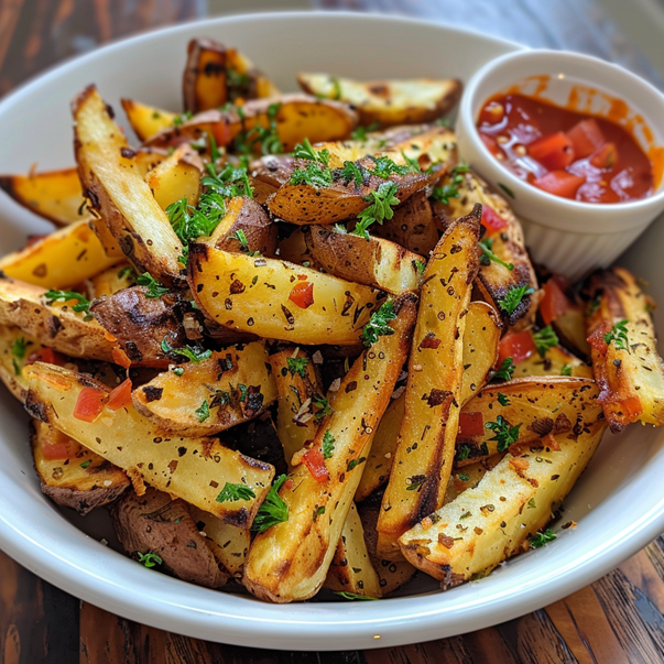 Bowl of seasoned potato wedges garnished with parsley and served with a side of salsa.