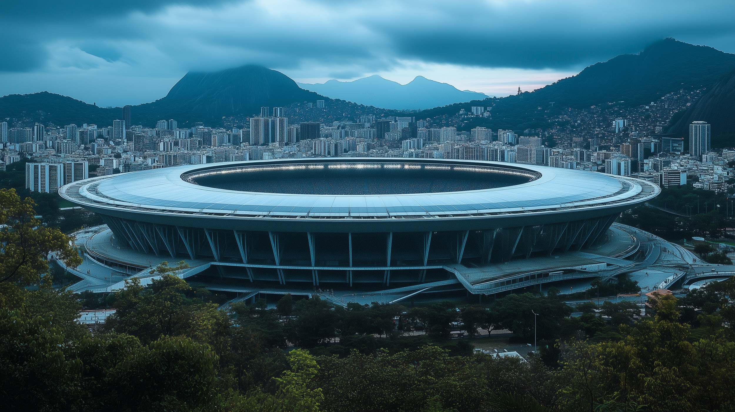 Stadium in Rio de Janeiro, surrounded by cityscape and mountains.