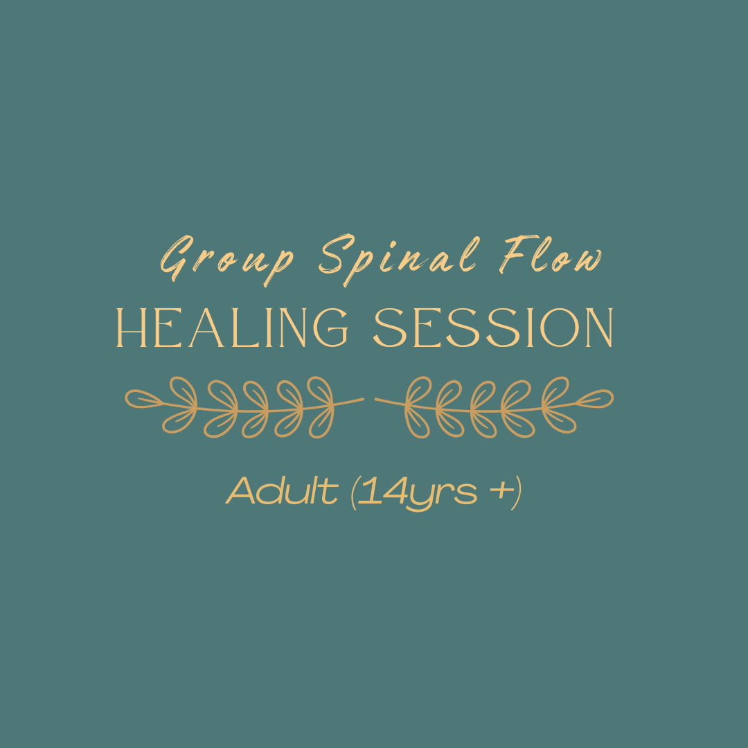 Blue-green background with beige text and decorative line, reading 'Group Spinal Flow Healing Session, Adult (14yrs +)'.